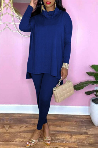 Royal Blue Fashion Casual Solid Basic Turtleneck Long Sleeve Two Pieces