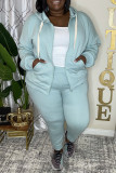 Bleu clair Fashion Casual Solid Cardigan Pants Hooded Collar Plus Size Two Pieces