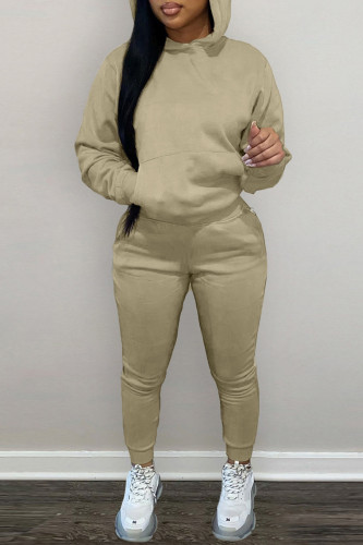 Coffee Fashion Casual Solid Basic Hooded Collar Long Sleeve Two Pieces