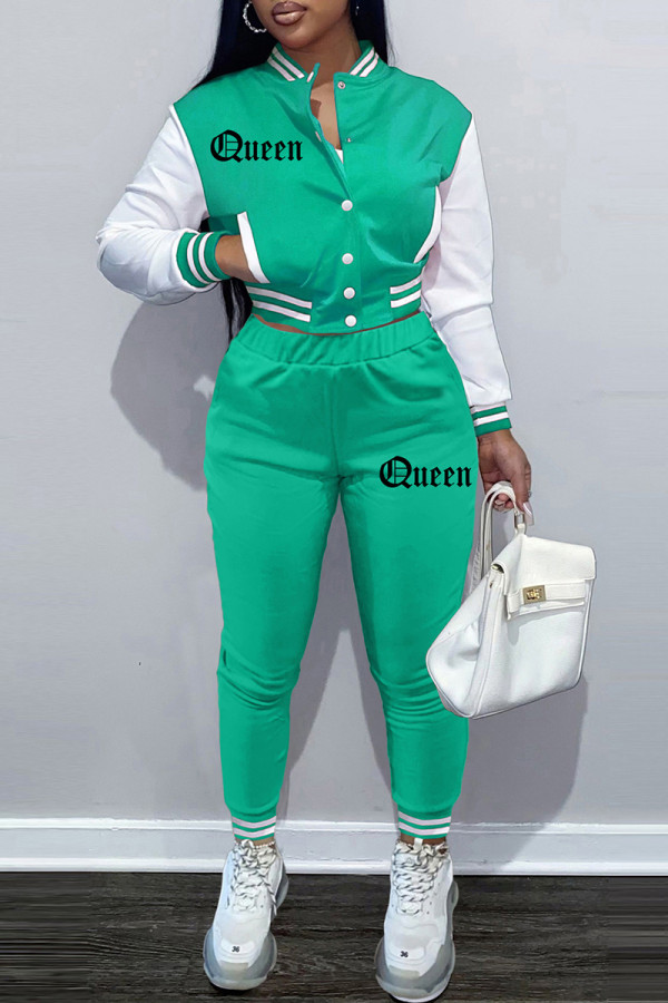ミントグリーンファッションカジュアルパッチワークレター長袖ツーピース