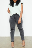 Svart Mode Casual Solid Ripped Mid Waist Vanliga denim jeans