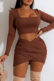 Brown Fashion Sexy Solid Patchwork Square Collar Long Sleeve Two Pieces
