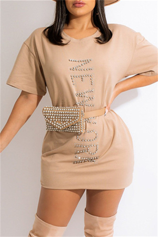 Aprikos Mode Casual Hot Drilling Basic O-halsad långärmad klänning (utan bältesväska)