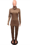 Brownness Fashion Casual Solid Fold Turtleneck Long Sleeve Two Pieces