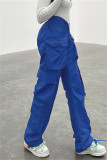 ブルー ファッション カジュアル ソリッド パッチワーク レギュラー ミッド ウエスト パンツ