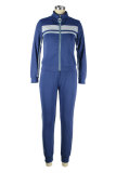 ディープ ブルー ファッション カジュアル パッチワーク ベーシック ジッパー カラー ロング スリーブ XNUMX ピース