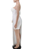 White Sexy Solid Sequins Patchwork Asymmetrical Strapless Straight Rompers