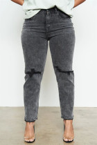 Black Fashion Casual Solid Mid Waist Regular Ripped Denim Jeans