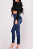 Mellanblå Mode Casual Solid Basic Skinny Denim Jeans med mitten av midjan