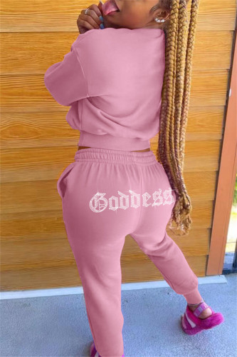 Pink Fashion Casual Solid Hot Drill O Neck Long Sleeve Two Pieces