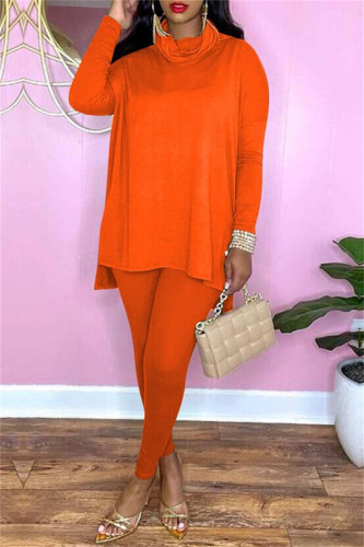 Orange Fashion Casual Solid Basic Turtleneck Long Sleeve Two Pieces