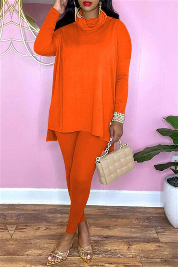 オレンジファッションカジュアルソリッドベーシックタートルネック長袖ツーピース