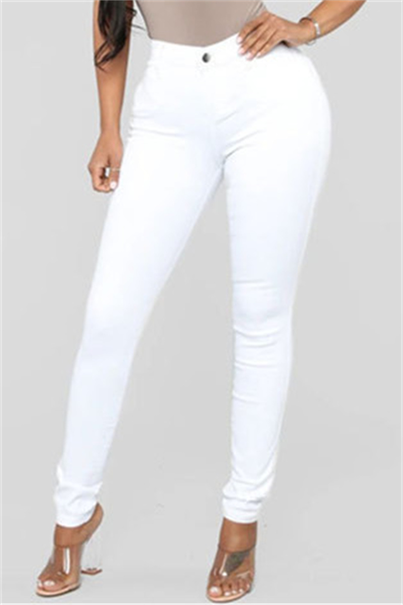 

White Fashion Casual Solid Basic Mid Waist Skinny Denim Jeans