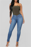 Jeans de mezclilla ajustados de cintura media básicos sólidos casuales de moda azul medio