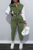 Mint green Fashion Casual Patchwork Letter Long Sleeve Two Pieces