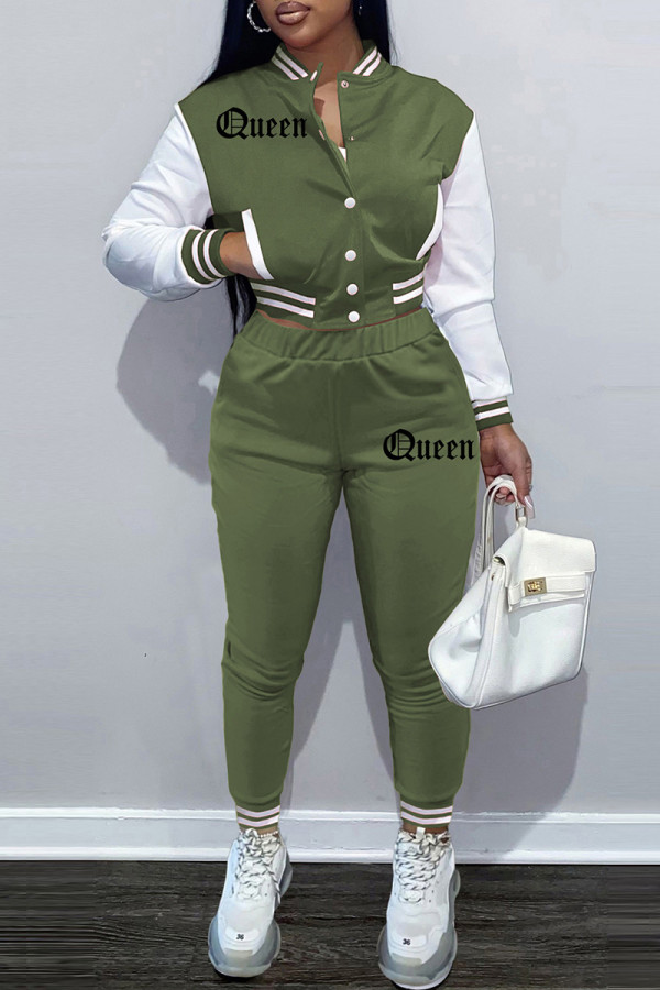 Due pezzi manica lunga lettera patchwork moda casual verde militare