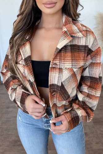 Brown Casual Plaid Geometric Print Patchwork Buckle Turndown Collar Outerwear