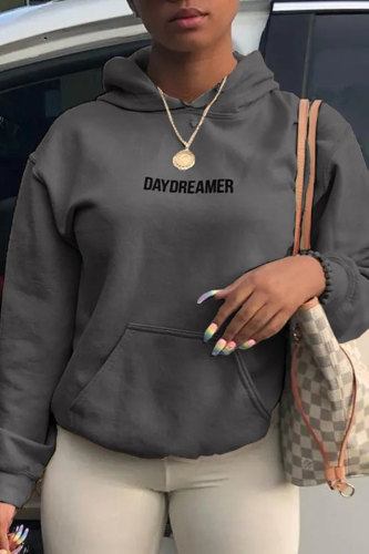 Grey Fashion Casual Letter Print Basic Hooded Collar Tops