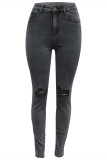 Black Fashion Casual Solid Ripped Mid Waist Regular Denim Jeans