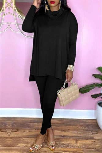 Black Fashion Casual Solid Basic Turtleneck Long Sleeve Two Pieces