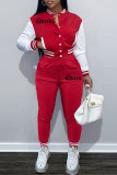 Rose Red Fashion Casual Patchwork Letter Long Sleeve Two Pieces