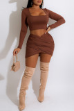 Brown Fashion Sexy Solid Patchwork Square Collar Long Sleeve Two Pieces