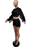 Black Fashion Casual Solid Tassel Patchwork Hooded Collar Long Sleeve Two Pieces