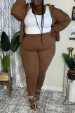 Coffee Fashion Casual Solid Cardigan Pants Hooded Collar Plus Size Two Pieces