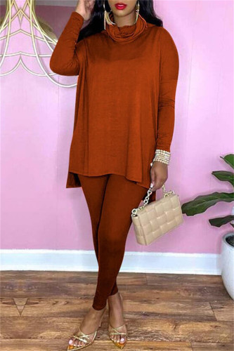 Coffee Fashion Casual Solid Basic Turtleneck Long Sleeve Two Pieces