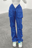 Синие модные повседневные однотонные лоскутные брюки со средней талией и обычной талией