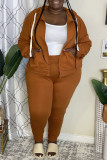 Brown Fashion Casual Solid Cardigan Pants Hooded Collar Plus Size Two Pieces