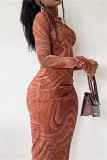 Brown Fashion Casual Print Basic O Neck Long Sleeve Dresses