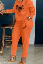 Оранжевый модный повседневный принт с буквенным принтом, базовый, с круглым вырезом, с длинным рукавом, из двух предметов