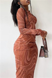 ブラウン ファッション カジュアル プリント ベーシック O ネック ロング スリーブ ドレス