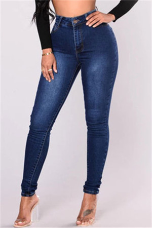 Dark Blue Fashion Casual Solid Basic Mid Waist Skinny Denim Jeans