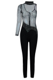 Black Sexy Solid Patchwork See-through Asymmetrical Hot Drill Half A Turtleneck Skinny Jumpsuits