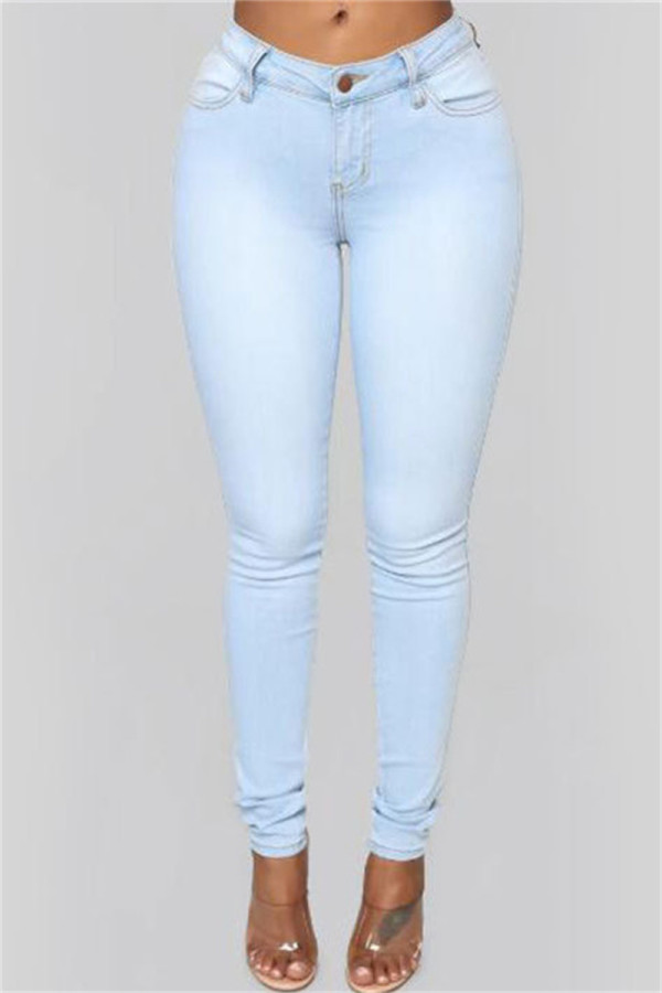 Babyblauwe mode casual effen basic skinny jeans met halfhoge taille