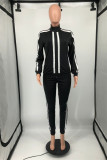 Black Fashion Casual Striped Patchwork Turndown Collar Long Sleeve Two Pieces