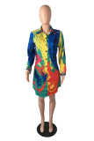 Multicolor Fashion Casual Plus Size Print Basic Turndown Collar Shirt Dress