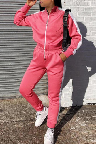 Pink Fashion Casual Patchwork Basic Zipper Collar Long Sleeve Two Pieces