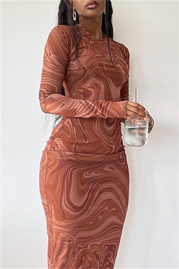Brown Fashion Casual Print Basic O-Ausschnitt Langarm-Kleider