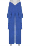 Pantalon bleu décontracté à la mode, couleur unie, patchwork, taille moyenne, régulier