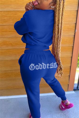 Blue Fashion Casual Solid Hot Drill O Neck Long Sleeve Two Pieces