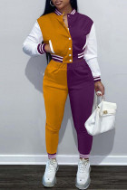 amarillo púrpura moda casual sólido patchwork manga larga dos piezas