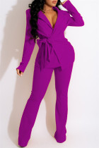 Фиолетовый модный повседневный однотонный бандажный отложной воротник с длинным рукавом из двух частей