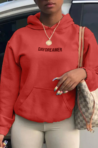 Red Fashion Casual Letter Print Basic Hooded Collar Tops