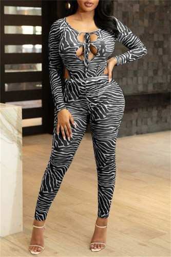Black Fashion Sexy Print Bandage Hollowed Out O Neck Long Sleeve Two Pieces