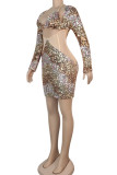 Gold Sexy Hollowed Out Sequins Patchwork Halter One Step Skirt Dresses