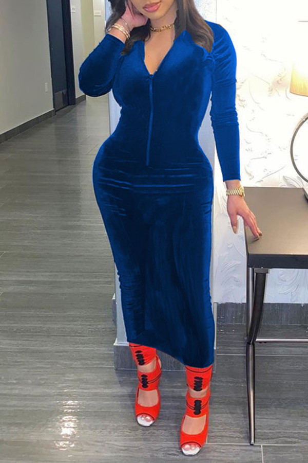 Vestidos de falda de un paso con cuello con cremallera y estampado liso sexy azul