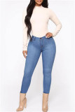 Jeans jeans skinny moda casual azul médio sólido básico cintura média